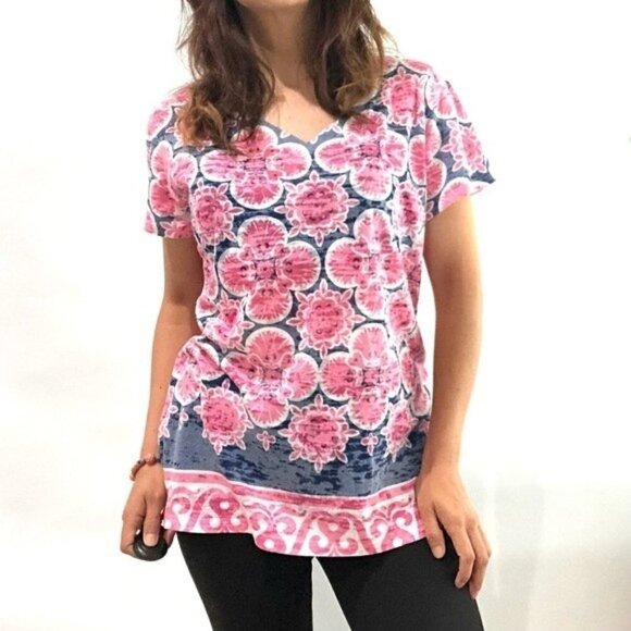 Before & Again Floral Print Short Sleeve Graphic Shirt Pink Large - Picture 3 of 10
